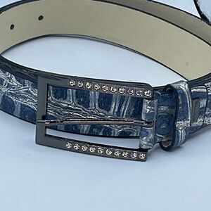 Women's Blue Textured Belt with Crystal-Embellished Buckle